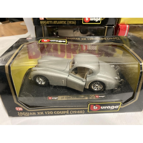 452 - FIVELARGE BOXED CARS TO INCLUDE BURAGO MERCEDES BENZ,BUGATTI ATLANTIC,JAGUAR XK120 COUPE,BURATTI TYP... 