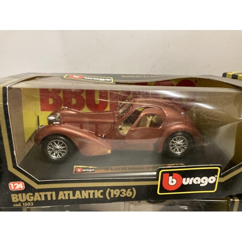 452 - FIVELARGE BOXED CARS TO INCLUDE BURAGO MERCEDES BENZ,BUGATTI ATLANTIC,JAGUAR XK120 COUPE,BURATTI TYP... 