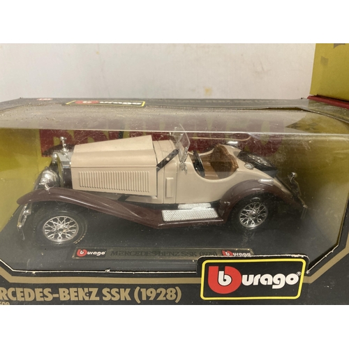 452 - FIVELARGE BOXED CARS TO INCLUDE BURAGO MERCEDES BENZ,BUGATTI ATLANTIC,JAGUAR XK120 COUPE,BURATTI TYP... 