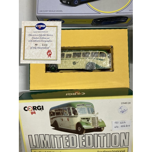 466 - FOUR CORGI MODELS OF VINTAGE COACHES TO INCLUDE, LIMITED EDITION BEDFORD OB COACH, SOUTHERN NATIONAL... 