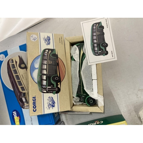 466 - FOUR CORGI MODELS OF VINTAGE COACHES TO INCLUDE, LIMITED EDITION BEDFORD OB COACH, SOUTHERN NATIONAL... 