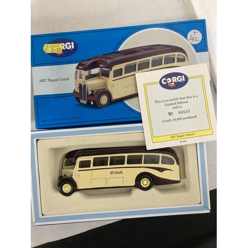 466 - FOUR CORGI MODELS OF VINTAGE COACHES TO INCLUDE, LIMITED EDITION BEDFORD OB COACH, SOUTHERN NATIONAL... 