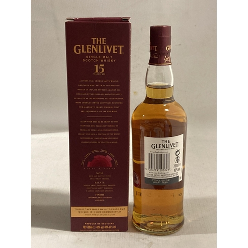 306 - A BOXED BOTTLE OF THE GLENLIVET 15 YEAR OLD SINGLE MALT SCOTCH WHISKY - 70 CL