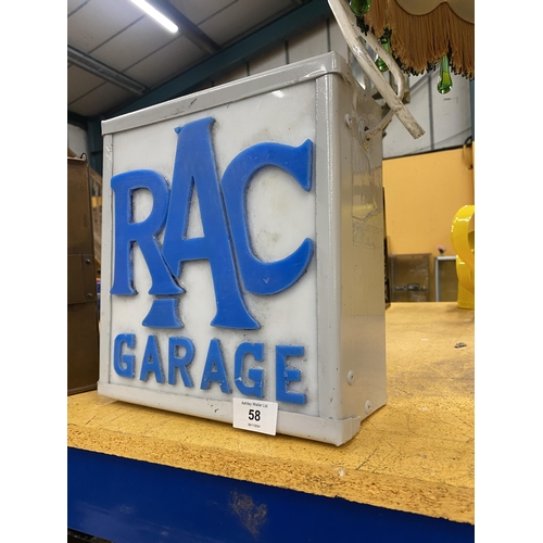 58 - AN RAC ILLUMINATED LIGHT BOX SIGN - 24.5CM X 27CM X 10CM