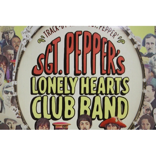 76 - A FRAMED TIN PLATE, SGT. PEPPER'S LONELY HEARTS CLUB BAND SIGN, 44CM X 34CM