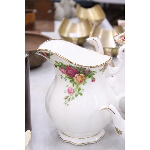 144 - THREE PIECES OF ROYAL ALBERT 'OLD COUNTRY ROSES' TO INCLUDE A COFFEE POT, SMALL TEAPOT AND LARGE JUG