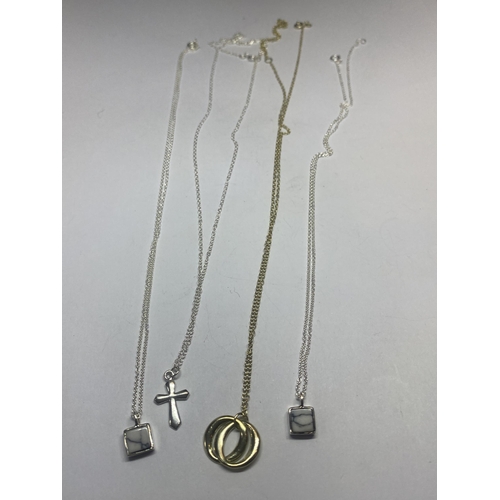 566 - FOUR SILVER NECKLACES WITH PENDANTS TO INCLUDE A GOLD PLATED EXAMPLE