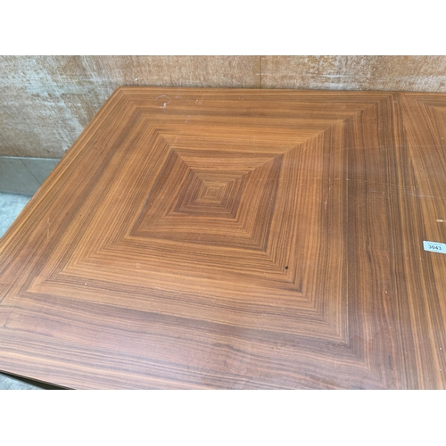 3043 - A HARDWOOD WORK/OFFICE TABLE ON METALWARE LEGS AND FRAME, 71