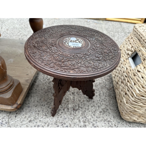 3090 - A PINE LAMP TABLE AND CARVED HARDWOOD INDIAN TABLE 12