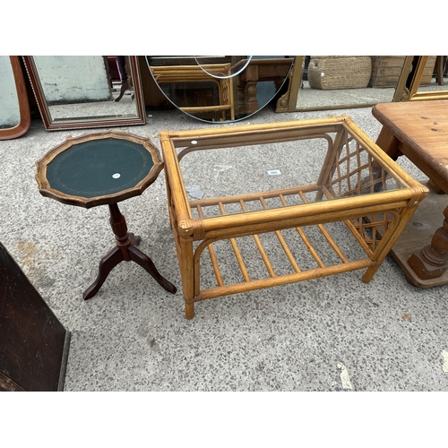 3091 - A BAMBOO AND WICKER COFFEE TABLE AND TRIPOD WINE TABLE