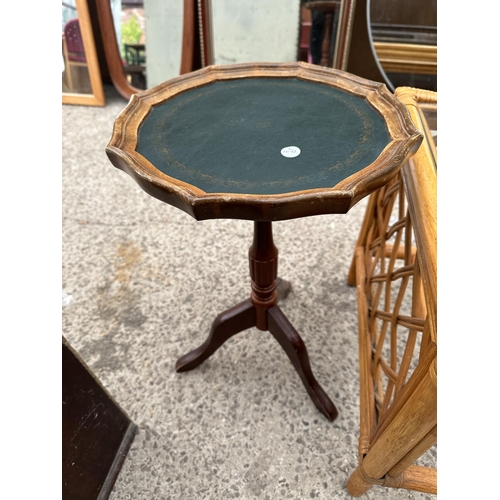 3091 - A BAMBOO AND WICKER COFFEE TABLE AND TRIPOD WINE TABLE