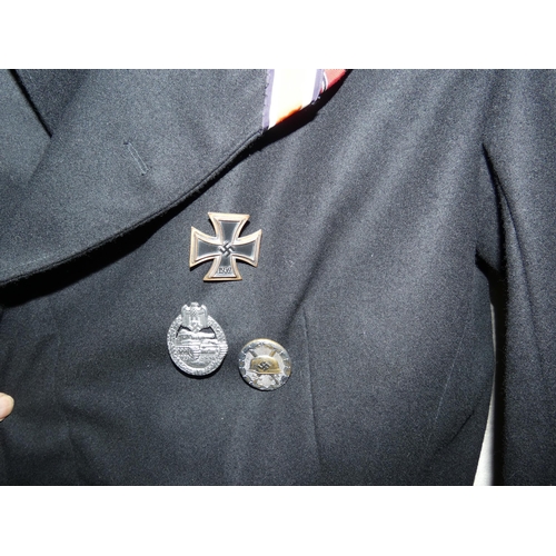 305 - A REENACTOR'S NAZI GERMANY PANZER JACKET, TOGETHER WITH MEDALS, WOUND BADGE, CAP