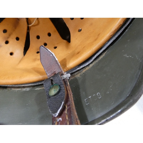 310 - A REENACTORS NAZI GERMANY HELMET WITH LEATHER LINING AND CAMOUFLAGE COVER, AND A CAMOUFLAGE CAP