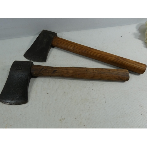 332 - TWO VINTAGE WOODEN SHAFTED AXES, ONE STAMPED OT, LENGTHS 29.5CM AND 33CM