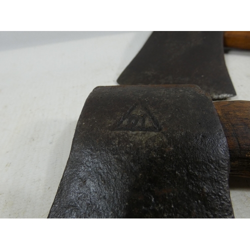 332 - TWO VINTAGE WOODEN SHAFTED AXES, ONE STAMPED OT, LENGTHS 29.5CM AND 33CM