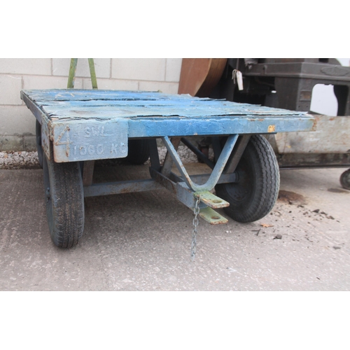 241 - A BLUE HEAVY DUTY WOODEN FLATBED TROLLEY NO VAT