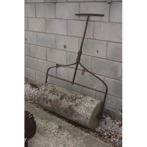 256 - A LARGE VINTAGE CONCRETE AND CAST IRON GARDEN ROLLER +VAT