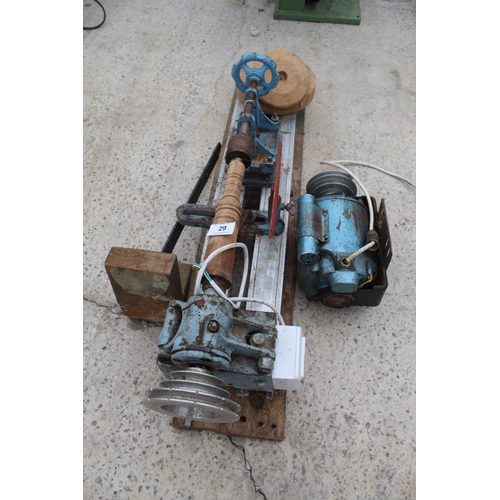 29 - WOOD LATHE WITH 3 PHASE MOTOR (UNKNOWN MAKER) NO  VAT