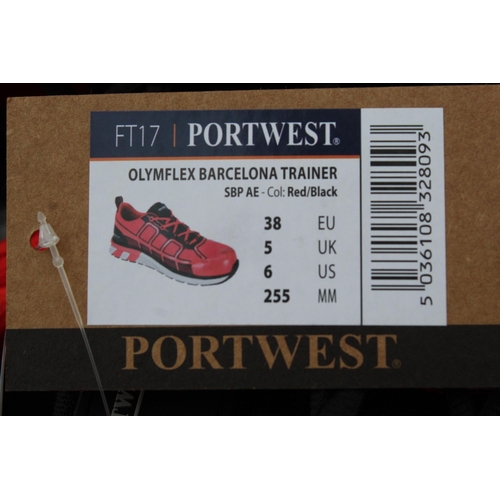 372 - 5 BOXES OF PORTWELL RED  SAFETY TRAINERS   SIZE 5   NO  VAT