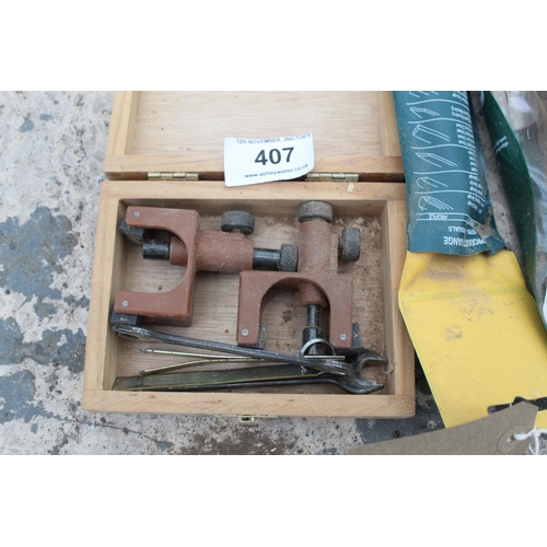 407 - 3 HAND CHISELS AND BOX HAND SAW SHARPENER  NO VAT