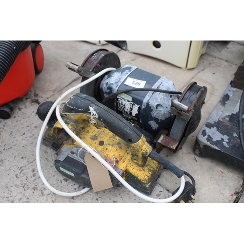 526 - A BENCH GRINDER A  PLANER & A EVOLUTION CHOP SAW WITH 2 SPARE  BLADES NO VAT