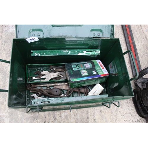 691 - GREEN TOOL BOX, LAND ROVER SPANNERS  NO VAT