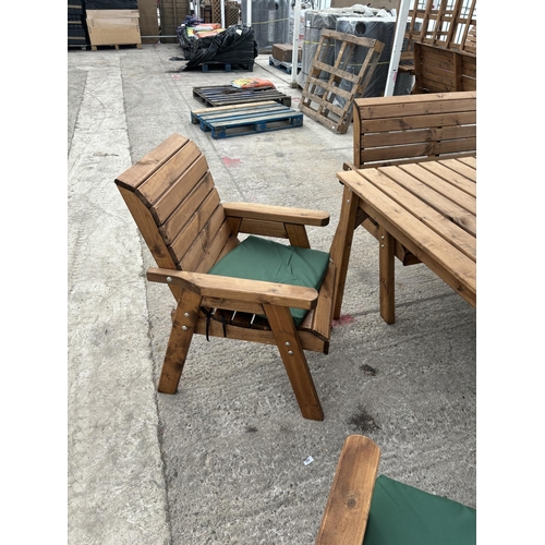 301 - AN AS NEW EX DISPLAY CHARLES TAYLOR GARDEN FURNITURE SET. ONE LARGE SQUARE TABLE WITH UMBRELLA AND U... 