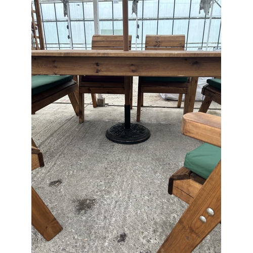 301 - AN AS NEW EX DISPLAY CHARLES TAYLOR GARDEN FURNITURE SET. ONE LARGE SQUARE TABLE WITH UMBRELLA AND U... 