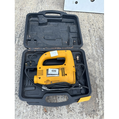 699 - YELLOW JIGSAW, CORDLESS DRILL AND CASE  NO VAT