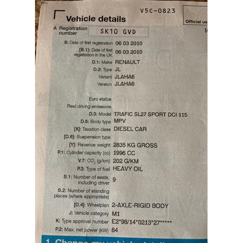 166 - RENAULT TRAFFIC SL27 SPORT DCI 115 DIESEL CAR SK10GVD FIRST REG 06/03/10 221581 MILES  MOT 30/01/25 ... 