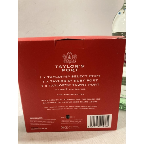 319 - A 70 CL BOTTLE OF BACARDI SUPERIOR WHITE RUM TOGETHER WITH A BOXED TAYLOR'S PORT SELECTION AND TWO M... 