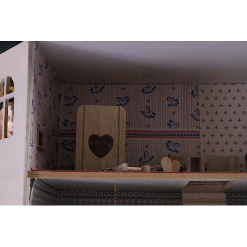 591A - A WOODEN DOLLS HOUSE WITH A QUANTITY OF FURNITURE AND FIGURES