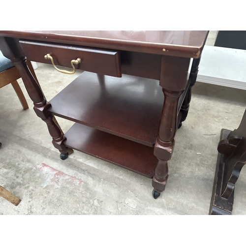 2954 - A MAHOGANY SIDE TABLE WITH SINGLE DRAWER AND TWO LOWER SHELVES