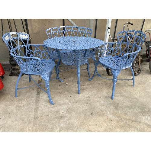 1516 - A DECORATIVE PATIO BISTRO SET COMPRISING OF A ROUND TABLE, A SMALL BENCH AND TWO CARVER CHAIRS