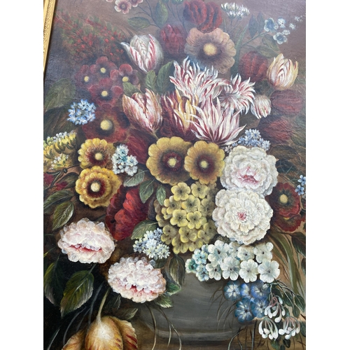 1520 - A DECORATIVE GILT FRAMED PRINT ON CANVAS OF STILL LIFE FLOWERS