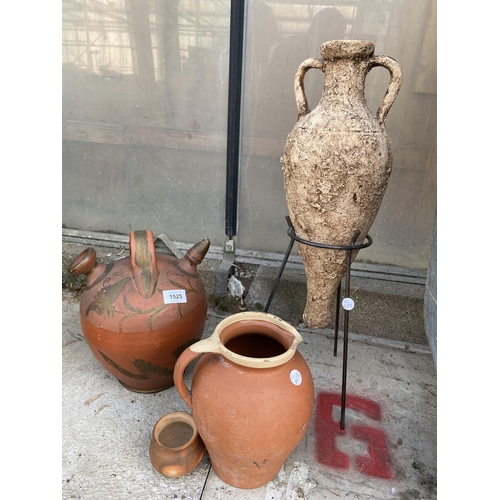 1525 - FOUR VARIOUS TERRACOTTA JUGS AND VESSELS TO INCLUDE AN URN WITH A METAL STAND