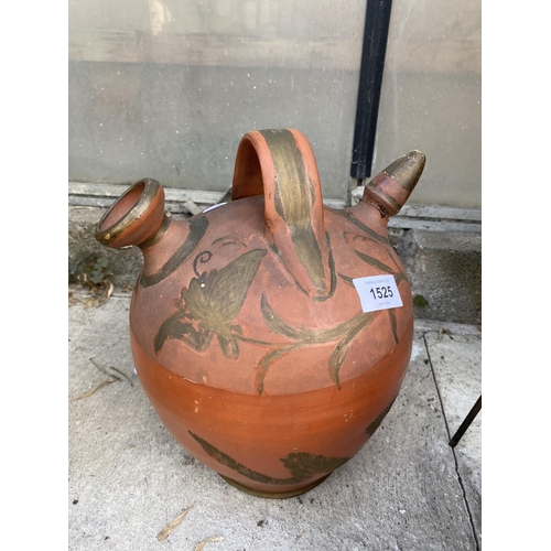 1525 - FOUR VARIOUS TERRACOTTA JUGS AND VESSELS TO INCLUDE AN URN WITH A METAL STAND