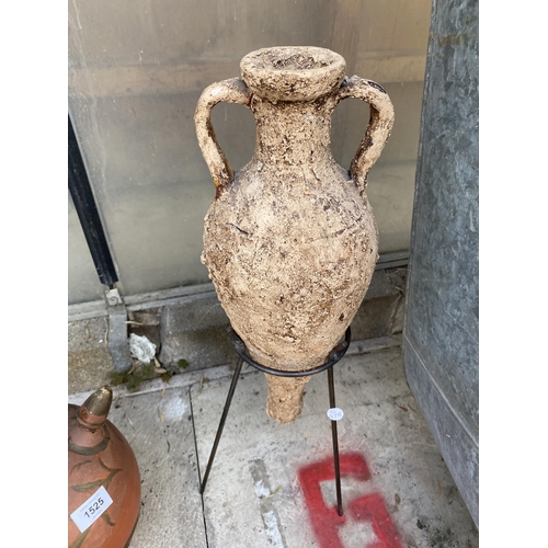 1525 - FOUR VARIOUS TERRACOTTA JUGS AND VESSELS TO INCLUDE AN URN WITH A METAL STAND