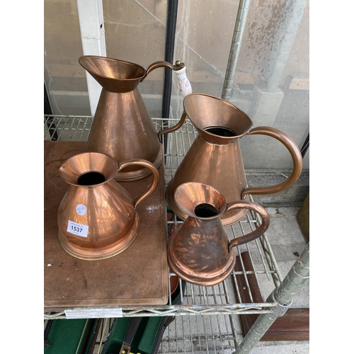 1537 - FOUR VARIOUS COPPER HAYSTACK JUGS