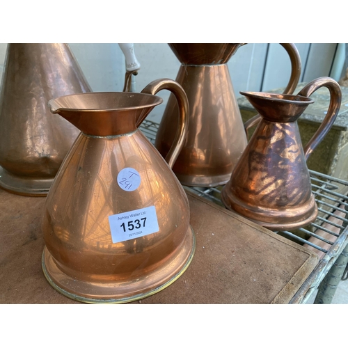 1537 - FOUR VARIOUS COPPER HAYSTACK JUGS