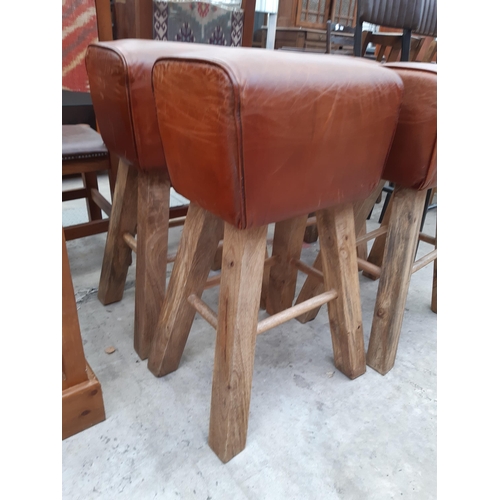 2544 - A SET OF FOUR BROWN LEATHER POMMEL HORSE BAR STOOLS