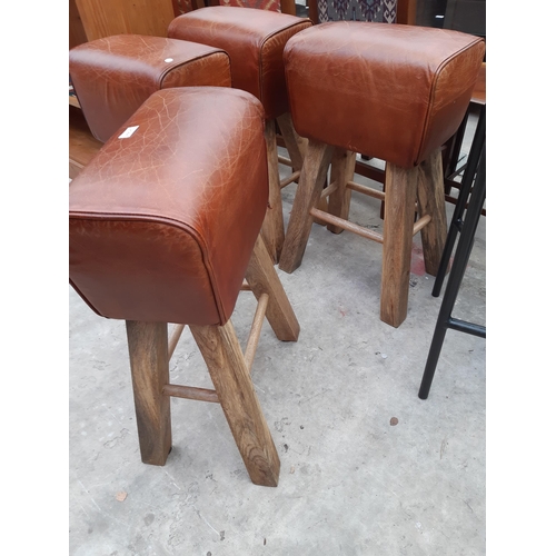 2544 - A SET OF FOUR BROWN LEATHER POMMEL HORSE BAR STOOLS