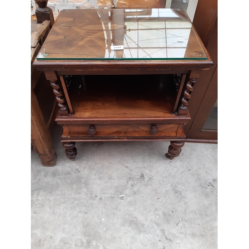 2549 - A VICTORIAN ROSEWOOD WHATNOT BSE WITH SINGLE DRAWER AND BARLEY TWIST UPRIGHTS