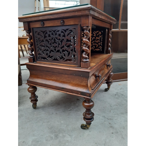 2549 - A VICTORIAN ROSEWOOD WHATNOT BSE WITH SINGLE DRAWER AND BARLEY TWIST UPRIGHTS