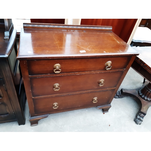 2630 - A MID 20TH CENTURY OAK CHEST OF THREE DRAWERS ON OGEE FRONT FEET, 34