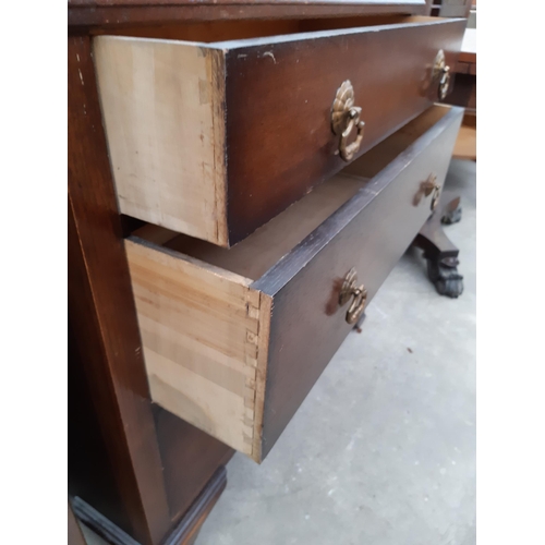 2630 - A MID 20TH CENTURY OAK CHEST OF THREE DRAWERS ON OGEE FRONT FEET, 34