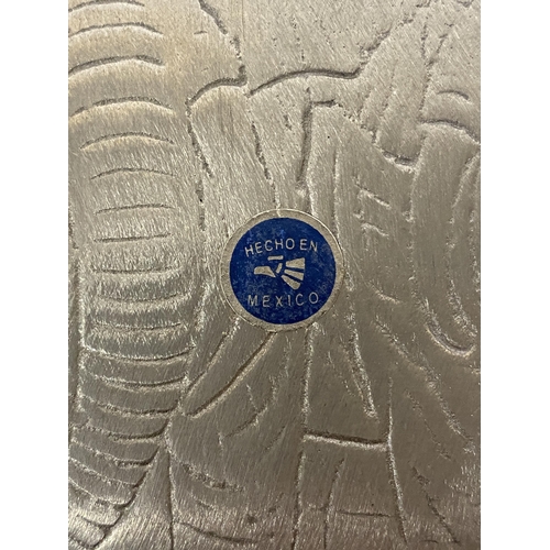 104 - A CAST ALUMINIUM ELEPHANT RELIEF TRAY, MADE IN MEXICO, LENGTH 48CM, WIDTH 15CM, HEIGHT 2CM