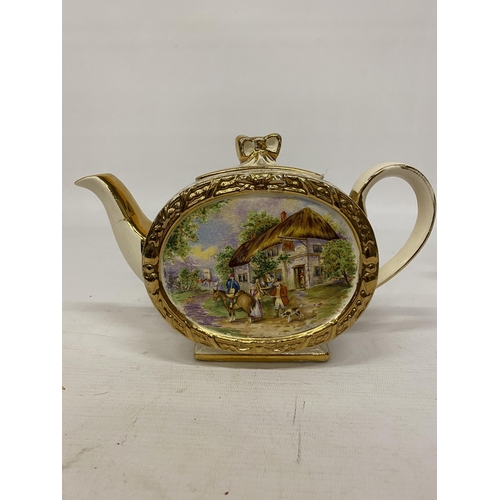 109 - THREE PIECES OF SADLER 'COTTAGE' SCENE TO INCLUDE A TEAPOT, MILK JUG AND LIDDED SUGAR BOWL