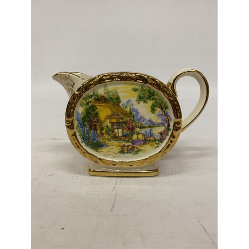 109 - THREE PIECES OF SADLER 'COTTAGE' SCENE TO INCLUDE A TEAPOT, MILK JUG AND LIDDED SUGAR BOWL