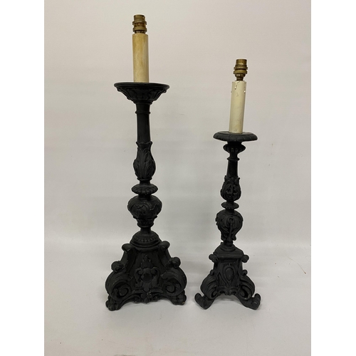 112 - TWO GOTHIC STYLE CANDLESTICKS/LAMPS HEIGHT 70CM AND 61CM